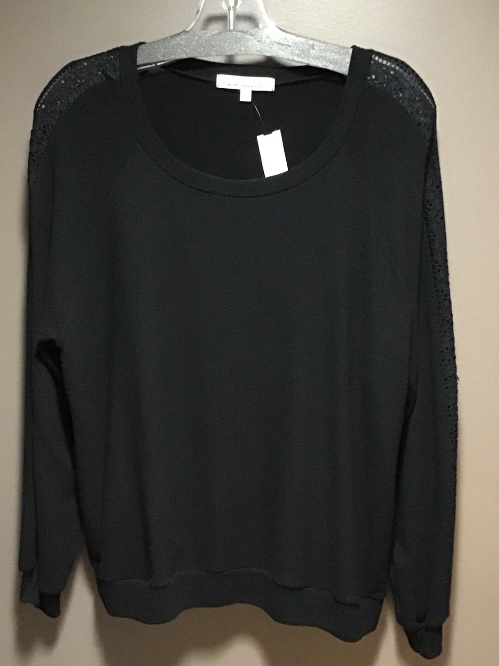 Black Long Sleeve Sweatshirt With Lace Shoulder Detail